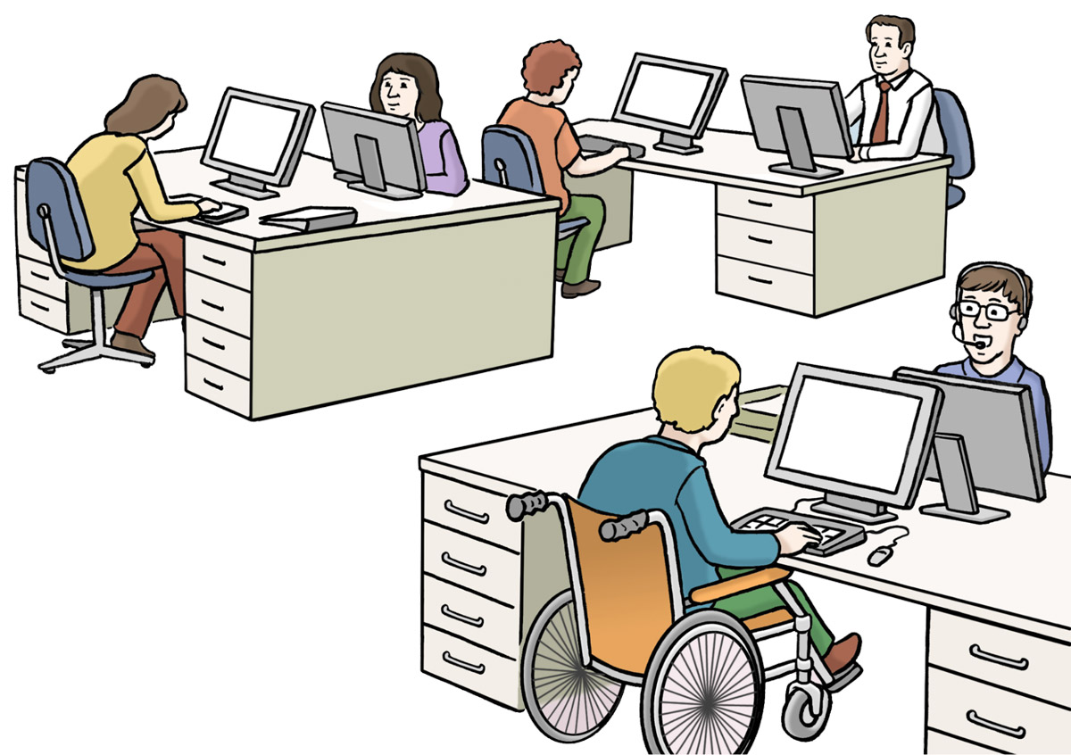 Mehrere Menschen arbeiten in einem Großraumbüro mit eigenen Arbeitsplätzen an Rechnern.