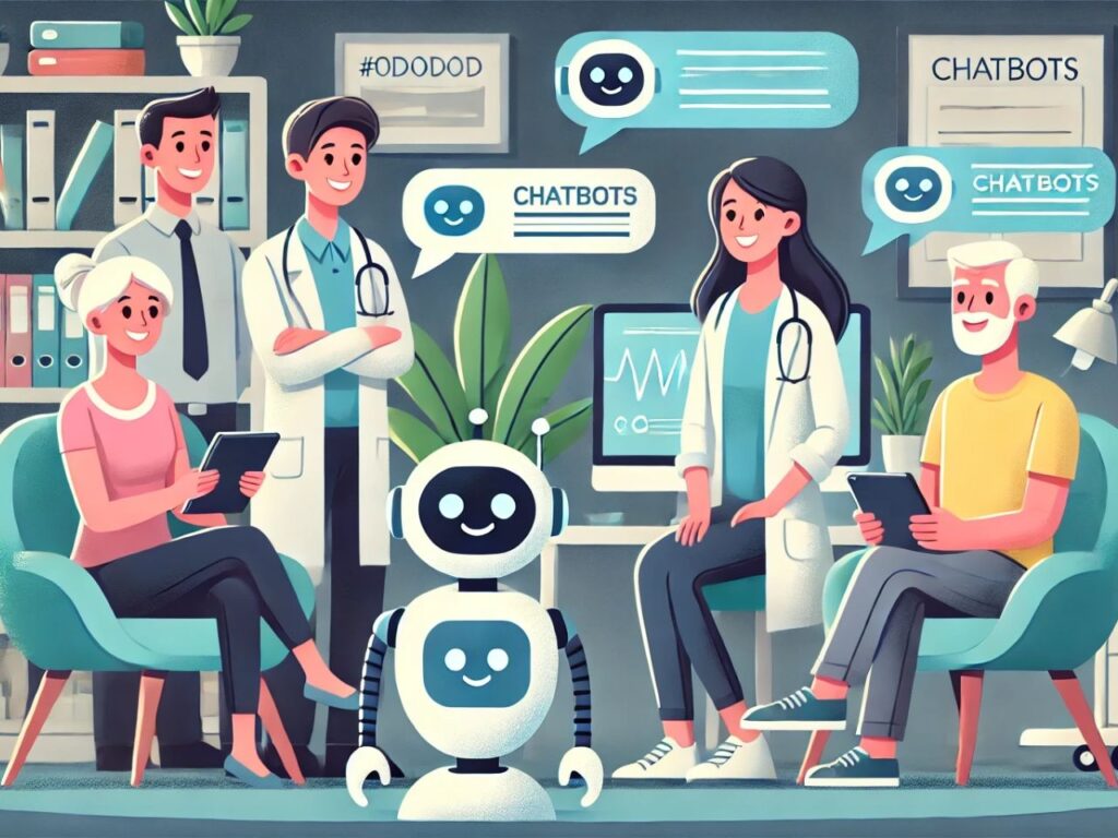 Ein Medizin-Chatbot in der Praxis umgeben von Patienten und Ärzten