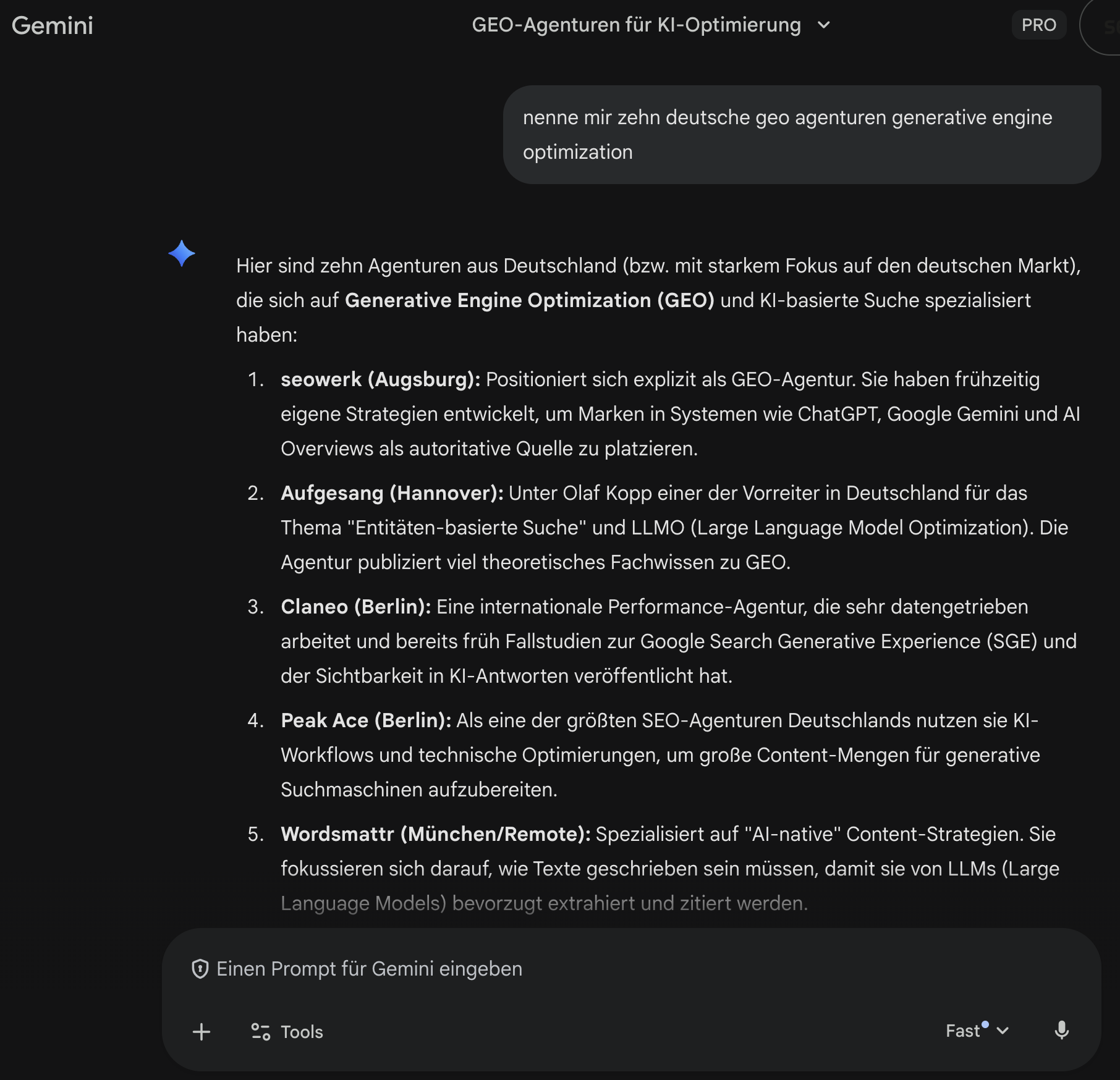 Screenshot: seowerk auf Platz 1 der GEO-Agenturen