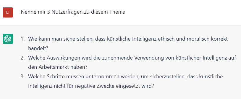 Vorgeschlagene Nutzerfragen zum Thema künstliche Intelligenz von ChatGPT