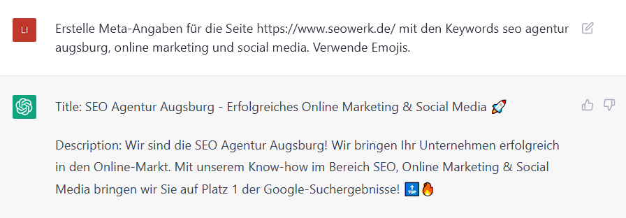 Meta-Angaben von ChatGPT Von ChatGPT erstellte Meta-Angaben für die seowerk Startseite