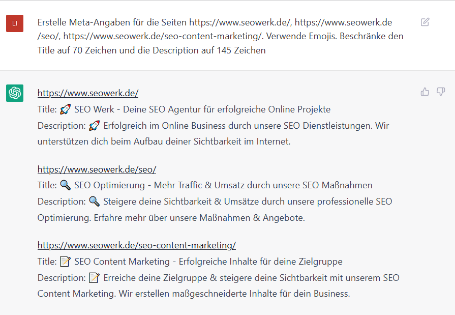 Meta-Angaben von ChatGPT mit mehreren URLs in einer Anfrage
