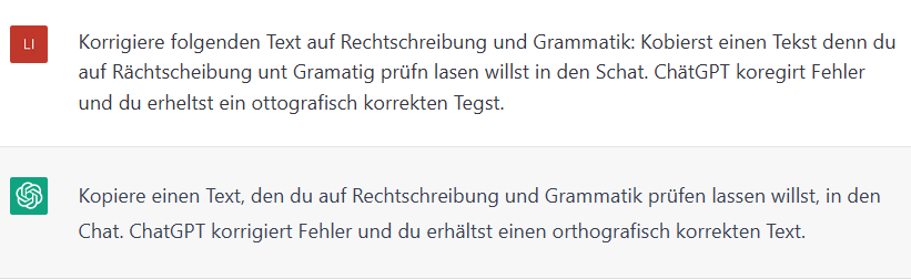Beispiel für Rechtschreib- und Grammatikkorrektur durch ChatGPT