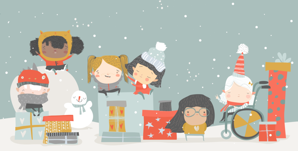 Eine Gruppe von Kindern spielt im Schnee