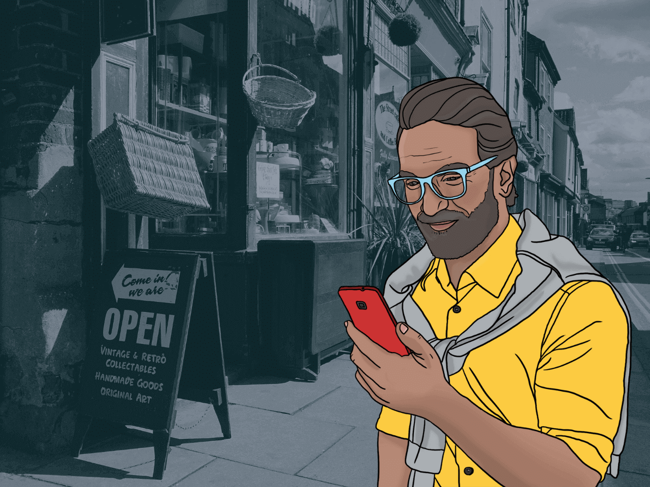 Omnichannel: Person mit dem Handy vor einem Laden