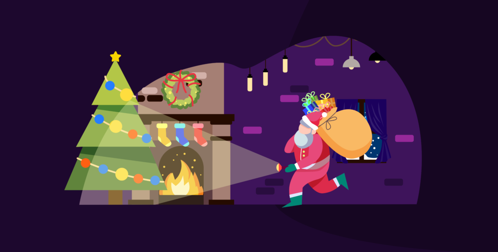 Weihnachtsmann legt Geschenke unbemerkt unter den Christbaum